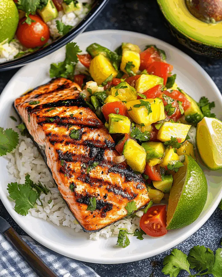 Grilled Salmon with Pineapple Tomato Avocado Salsa