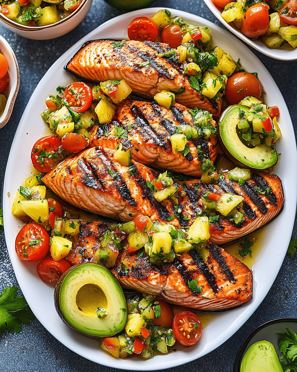 Grilled Salmon with Pineapple Tomato Avocado Salsa