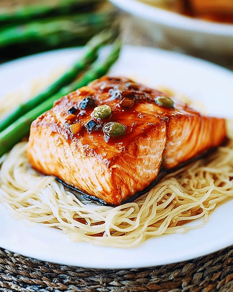 Honey Sesame Salmon with Rice Noodles and Asparagus