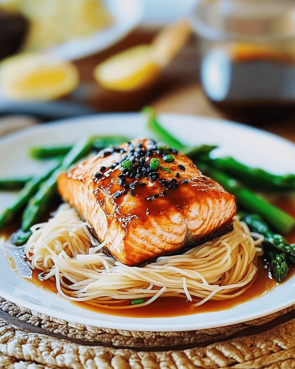 Honey Sesame Salmon with Rice Noodles and Asparagus