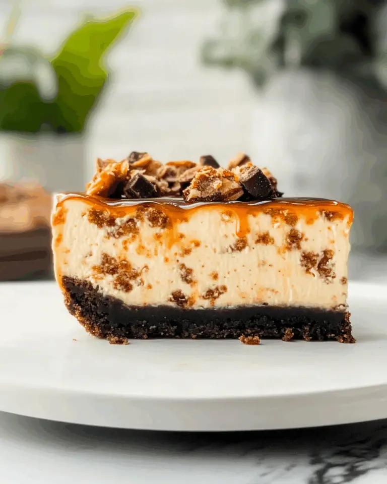 Butterfinger Cheesecake with Caramel Drizzle
