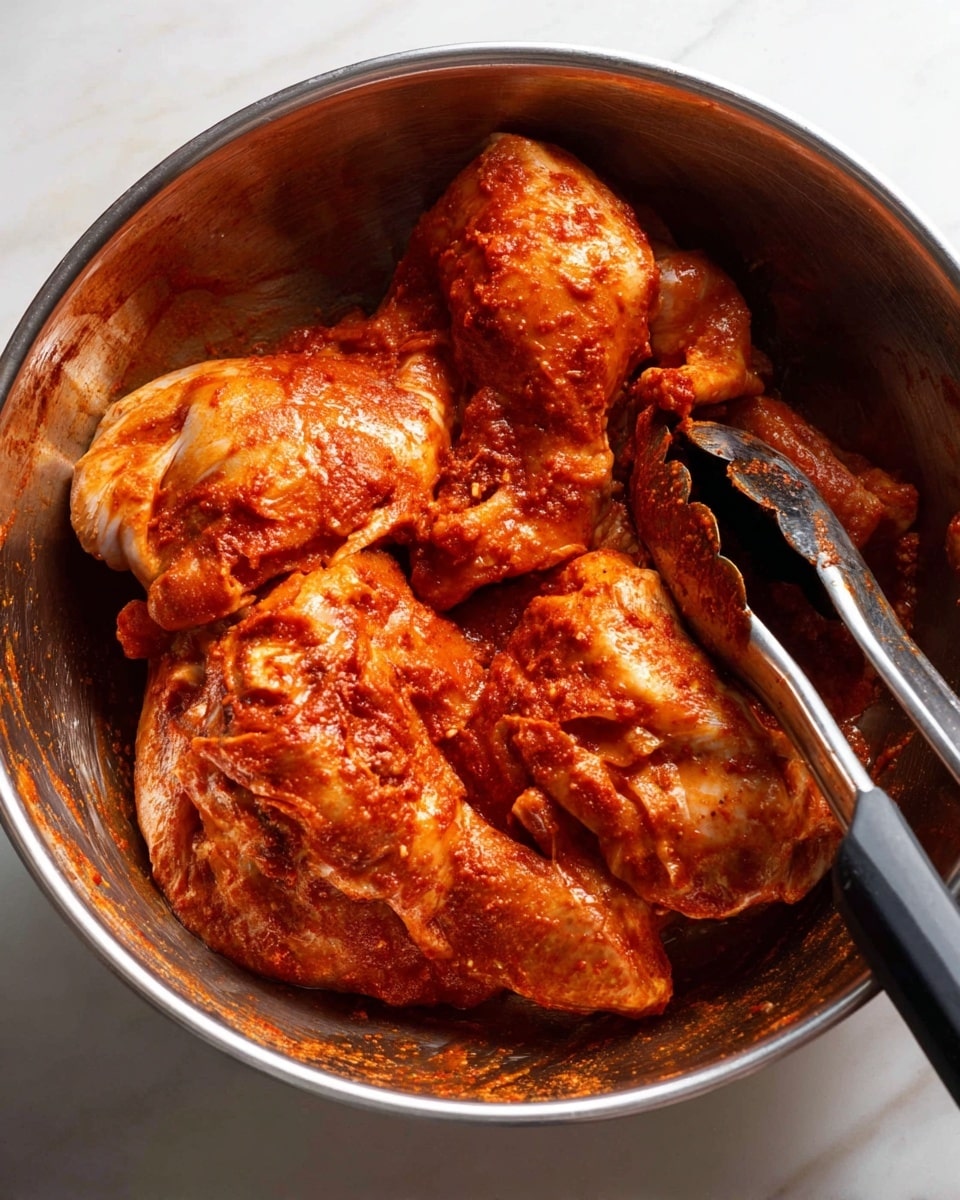 A metal bowl containing several pieces of raw chicken covered in a thick red-orange spice sauce, the chicken pieces have a rough, uneven texture with visible folds and creases, some parts glisten due to the sauce's moisture; a metal tong with black handles is positioned on the right side inside the bowl, pressing slightly against the chicken; the background is a white marbled surface. photo taken with an iphone --ar 4:5 --v 7