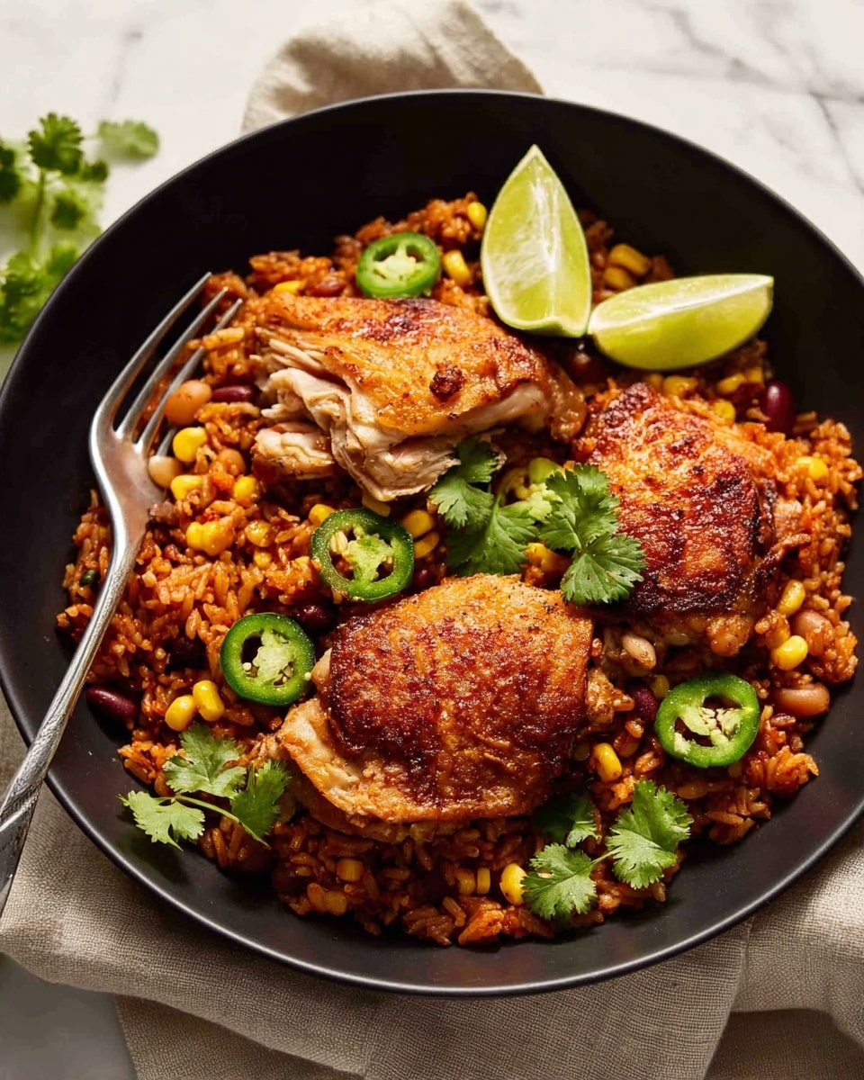 A black bowl filled with three pieces of cooked chicken with golden-brown skin placed on top of a bed of seasoned rice mixed with corn, small red pepper pieces, and beans. The rice has a reddish-orange color and rough texture, making a thick bottom layer. Sliced green jalapeños and fresh green cilantro leaves are scattered on the chicken and rice. Three lime wedges with pale green flesh sit near the edge of the bowl. A silver fork rests inside the bowl on the left side. The bowl is set on a light beige cloth, all placed on a white marbled surface. photo taken with an iphone --ar 4:5 --v 7