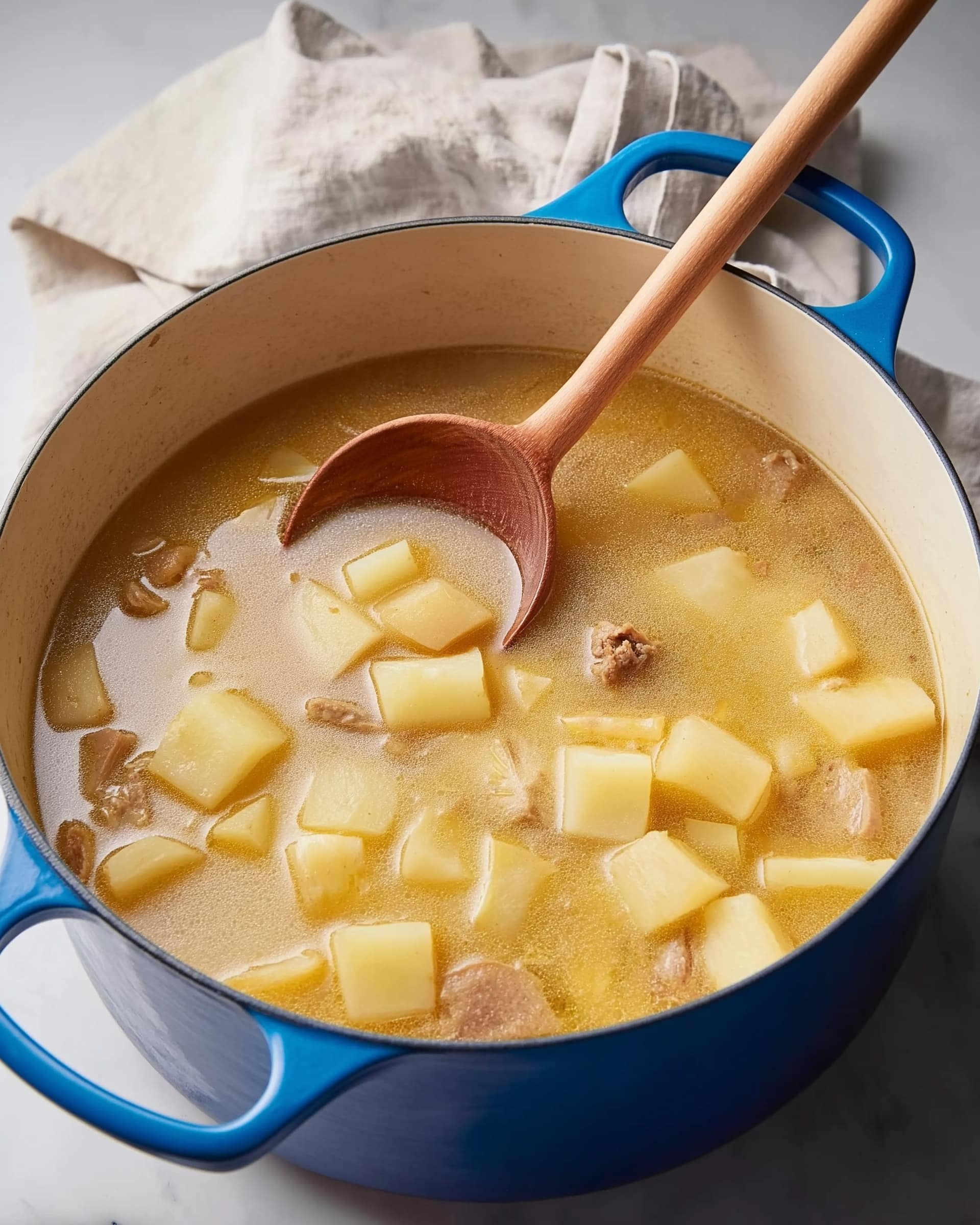 A blue cooking pot filled with a light brown soup that has many cubes of pale yellow potatoes and pieces of light brown meat inside. A wooden ladle with a round scoop is resting in the pot, slightly dipped into the soup. The pot sits on a white marbled surface with a light beige cloth loosely placed behind it. The scene is softly lit, showing the textures of the soup and the pot clearly. photo taken with an iphone --ar 4:5 --v 7