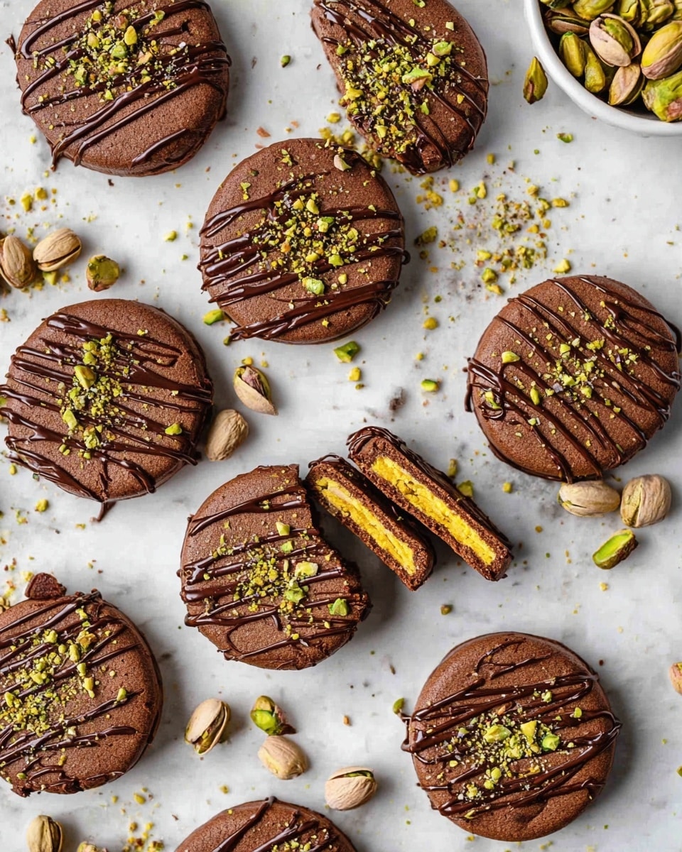 The image shows several round chocolate cookies placed on a white marbled surface, each cookie having a smooth, rich brown color and a soft texture. The top of every cookie is decorated with thin, dark chocolate drizzle lines, and sprinkled with small chopped green pistachio nuts that add a rough texture on top. One cookie is broken in half, revealing a bright yellow center layer inside, showing two layers: a chocolate outer layer and a yellow inner layer. Pieces of pistachio nuts are scattered around the cookies, along with some drizzled chocolate spots. There is also a white bowl filled with whole pistachios off to one side. The overall look is inviting and neat with a natural arrangement. Photo taken with an iphone --ar 4:5 --v 7