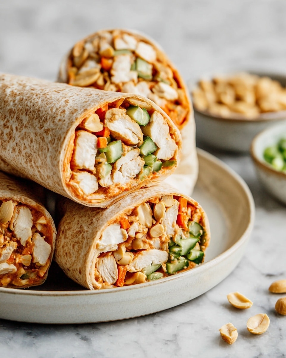 The image shows three wraps standing upright on a white plate over a white marbled surface, filled with layers of ingredients. The outer layer is a light brown, slightly textured tortilla wrap. Inside, the top layer consists of white-tan pieces of cooked chicken, below that is a bright orange creamy sauce, layered with chopped green vegetables like cucumber and green beans, and small bits of shredded carrots in orange color. The wrap fillings are dense and tightly packed, showing a mix of soft and crunchy textures. Next to the plate, there is a bowl filled with crushed peanuts and some scattered green onion pieces. The photo is taken with an iphone --ar 4:5 --v 7
