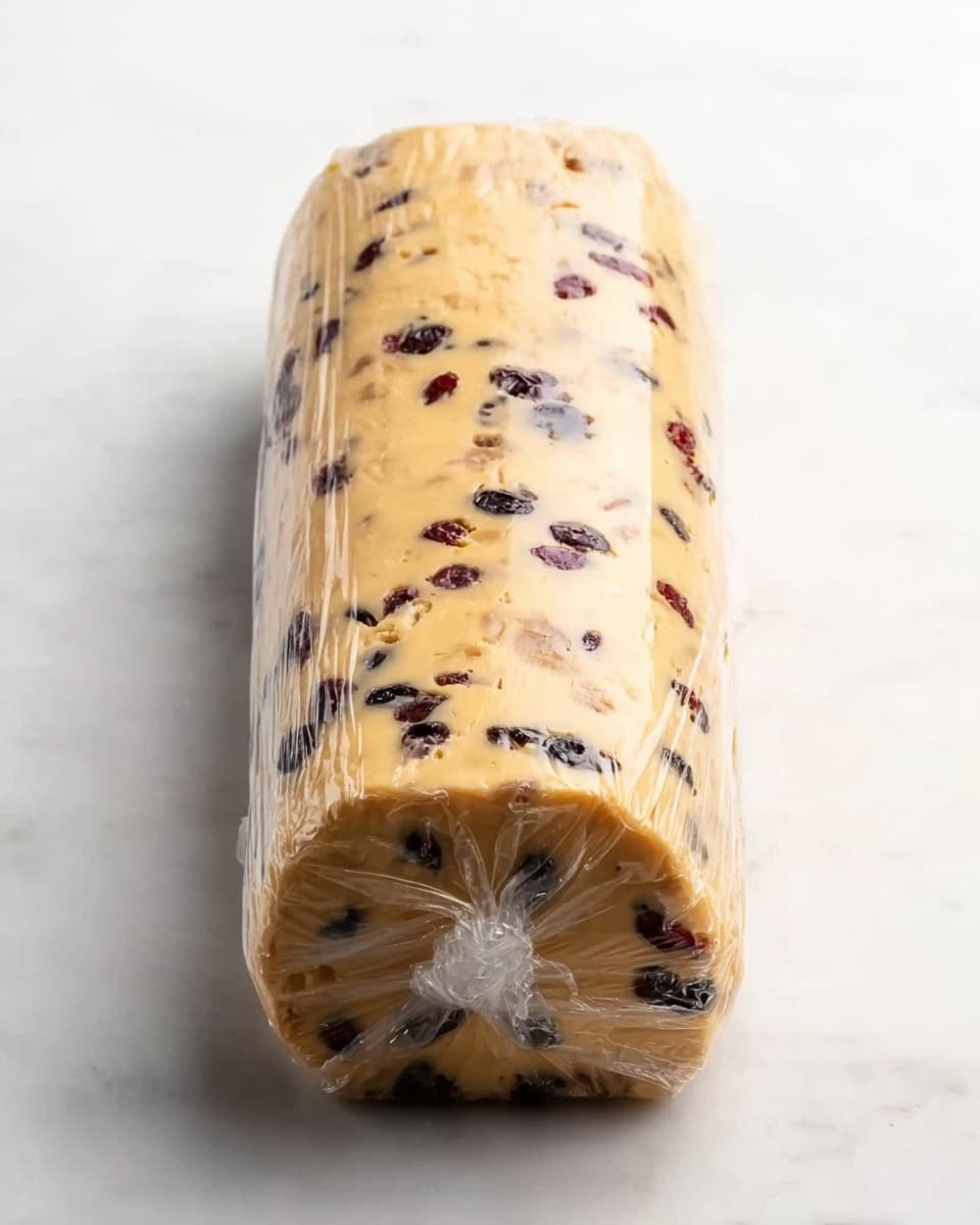 A rectangular block of light yellow dough with dark red and black dried fruit pieces mixed evenly throughout. The dough is wrapped tightly in clear plastic wrap, showing the smooth surface and slightly rounded edges of the block. The block rests on a white marbled surface, with soft lighting highlighting the texture of the dough and the shiny wrapping. photo taken with an iphone --ar 4:5 --v 7