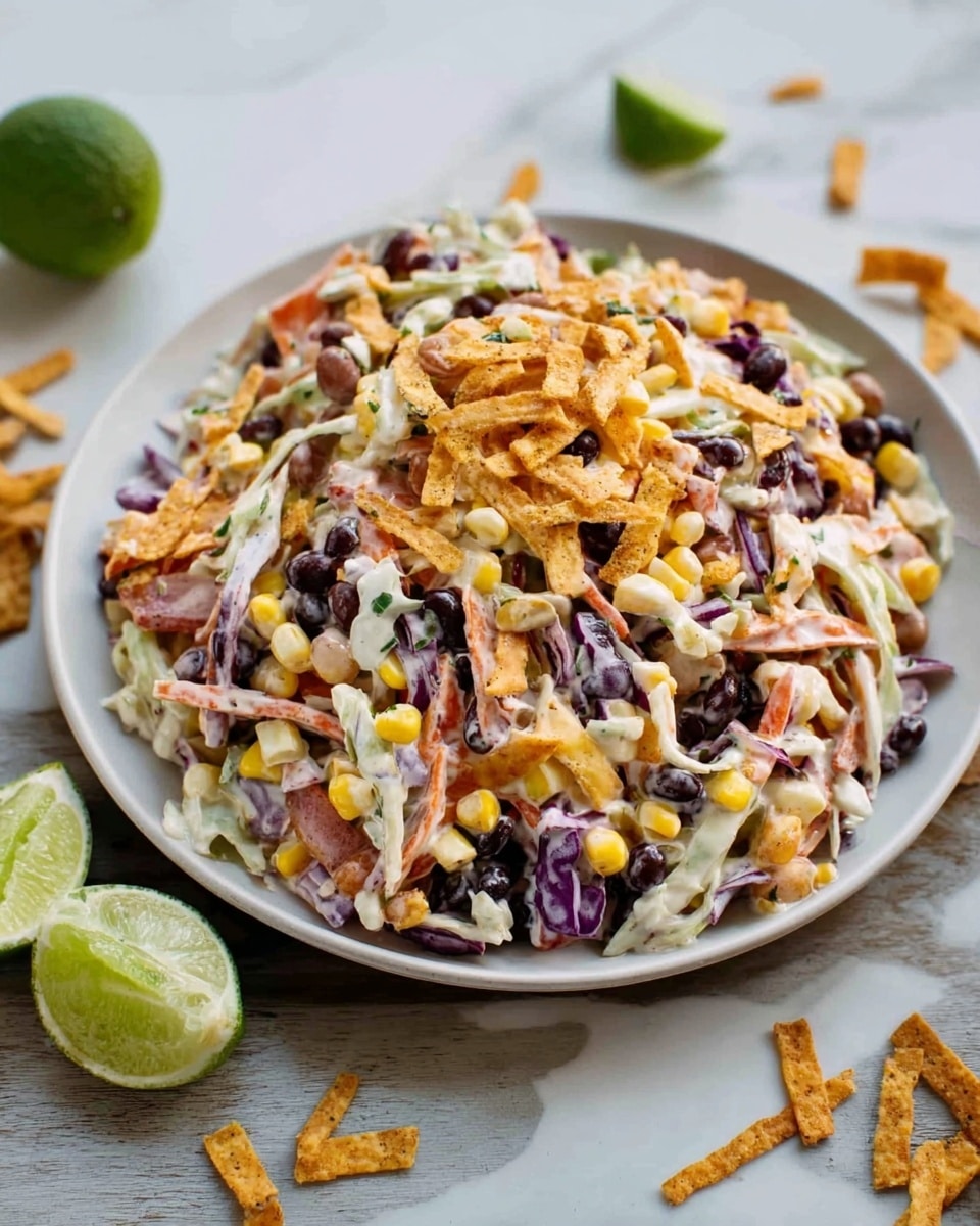 A white bowl filled with a colorful layered salad. The bottom layer has thin slices of orange chips mixed with small diced red and green vegetables, plus some yellow corn kernels. Above that, there are black beans scattered throughout, and shredded cabbage in both white and purple colors adds texture. The whole dish looks lightly coated with a creamy dressing, giving it a slightly shiny and smooth look. In the background, a sliced lime wedge and chips on a white marbled surface add to the scene. Photo taken with an iphone --ar 4:5 --v 7