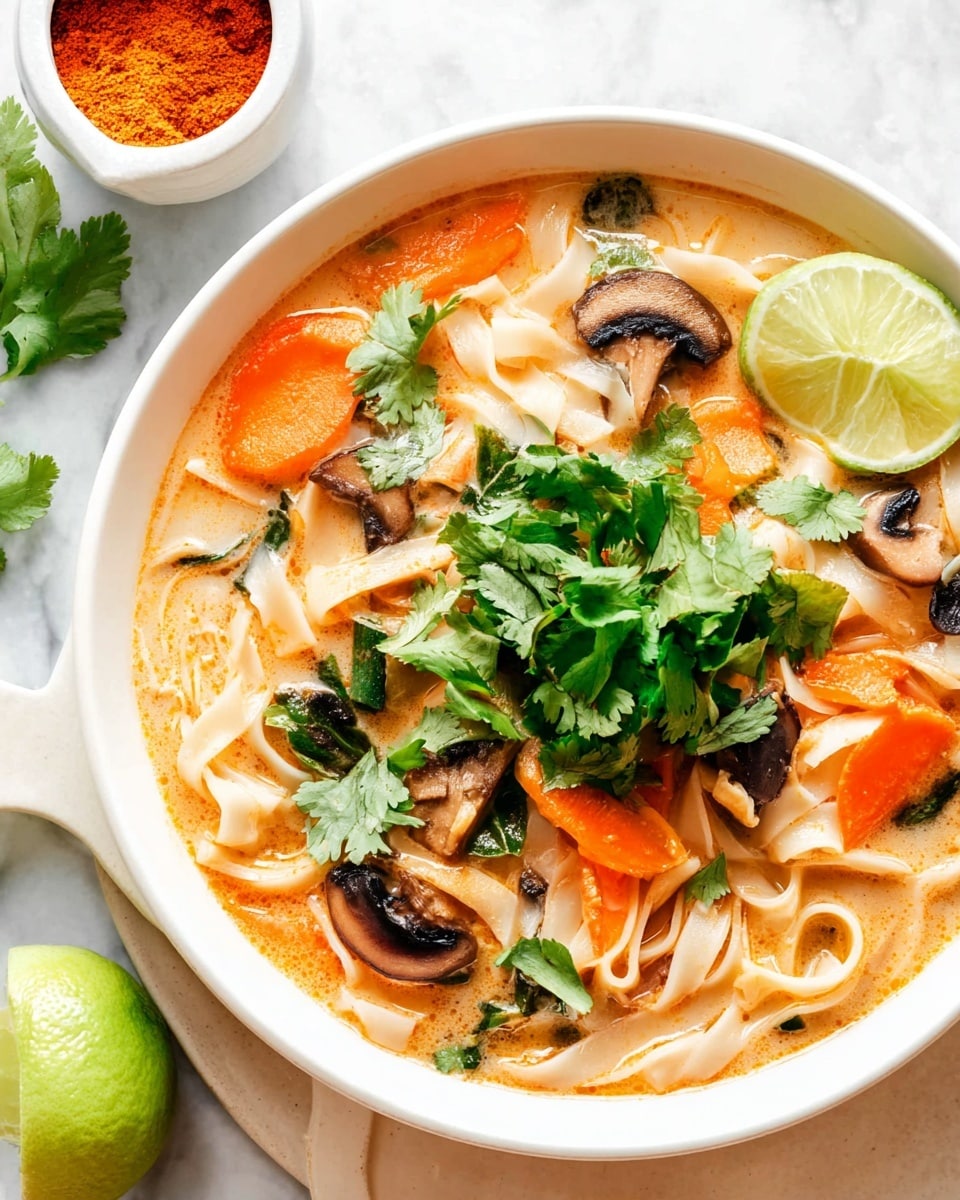 A white bowl filled with light orange broth holds flat white noodles spread across the dish, mixed with bright orange carrot slices, dark brown mushroom slices, and small white chicken pieces. Bright green cilantro leaves sit on top at the center, with some scattered smaller green leaves around the edges. A single lime wedge with fresh light green skin rests on the right side. The bowl is placed on a white marbled surface, with a white cup containing a reddish-orange powder and a green lime partially seen in the background. photo taken with an iphone --ar 4:5 --v 7