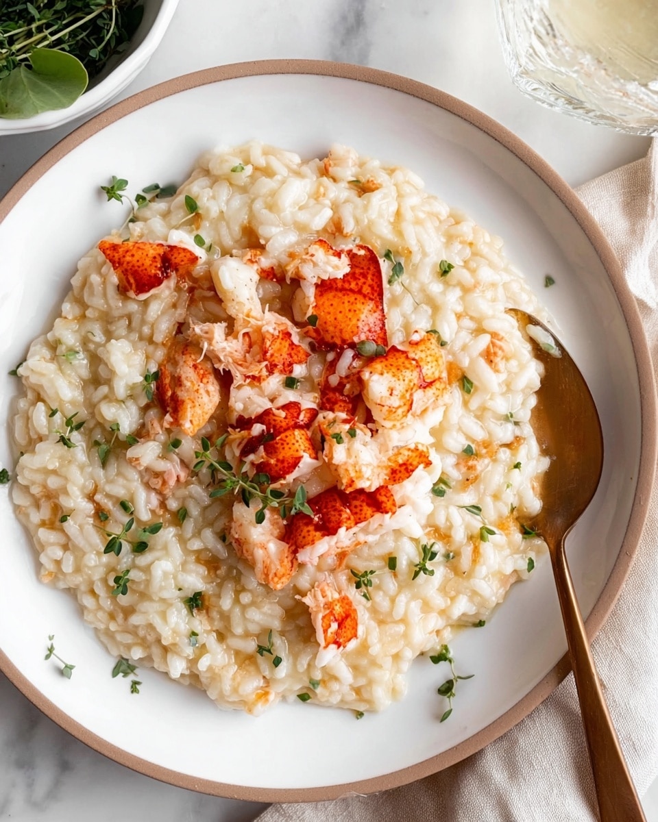 A white bowl filled with creamy risotto that has a soft beige color mixed with bits of green herbs and small pieces of red lobster meat scattered throughout. A single larger piece of lobster sits on top, its bright orange-red shell contrasting with the creamy risotto below. A gold spoon rests inside the bowl, angled towards the top right. The bowl is set on a white marbled surface with a white cloth in the background and a small white bowl of uncooked rice nearby. Photo taken with an iphone --ar 4:5 --v 7