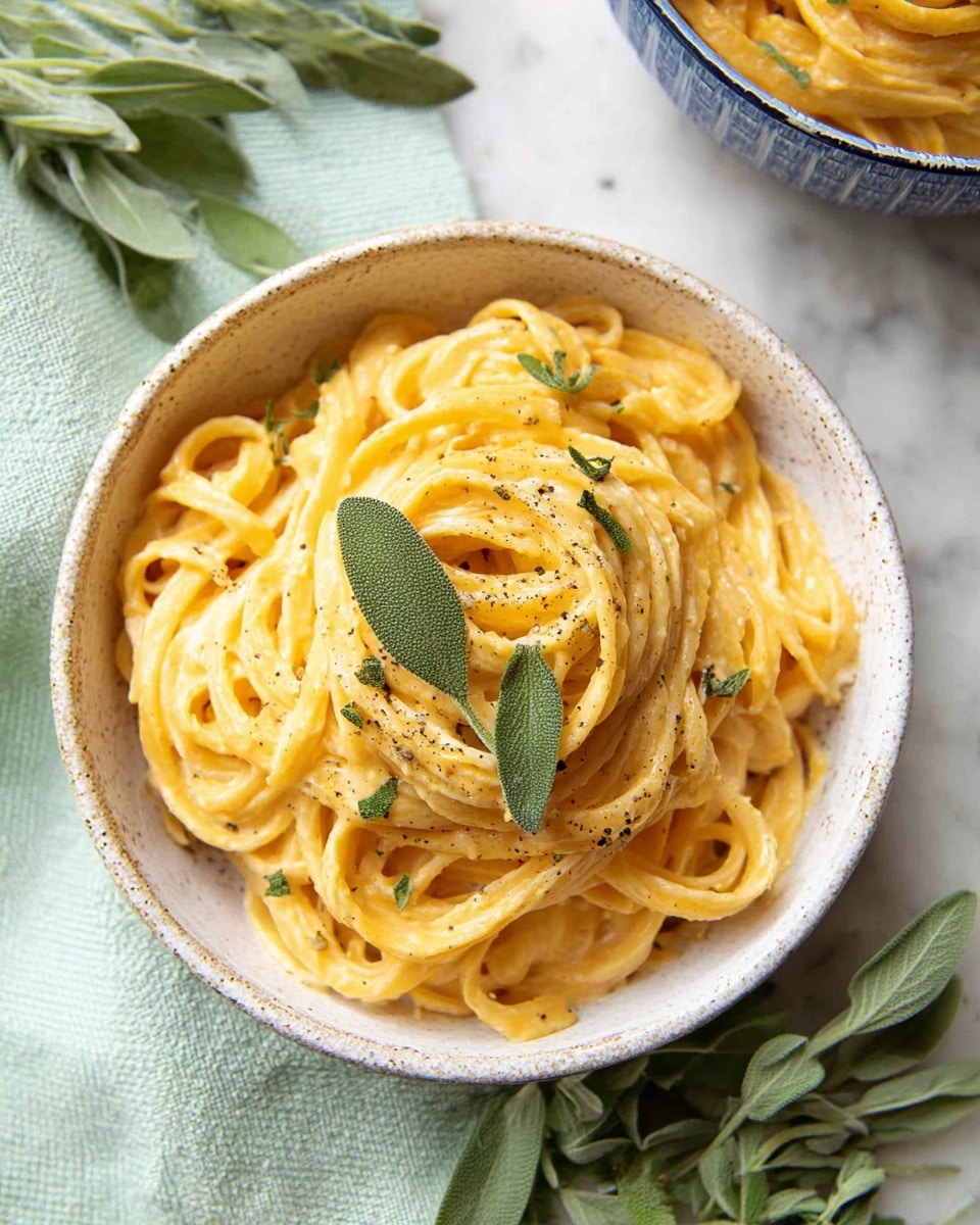A white speckled bowl filled with creamy orange-yellow pasta noodles, arranged in loose nests layered thickly, topped with a few fresh green sage leaves and a light sprinkle of green herbs and black pepper. The bowl is placed on a white marbled surface with a light green cloth and fresh sage leaves nearby. Part of a blue and white bowl with more pasta is visible in the upper right corner. photo taken with an iphone --ar 4:5 --v 7