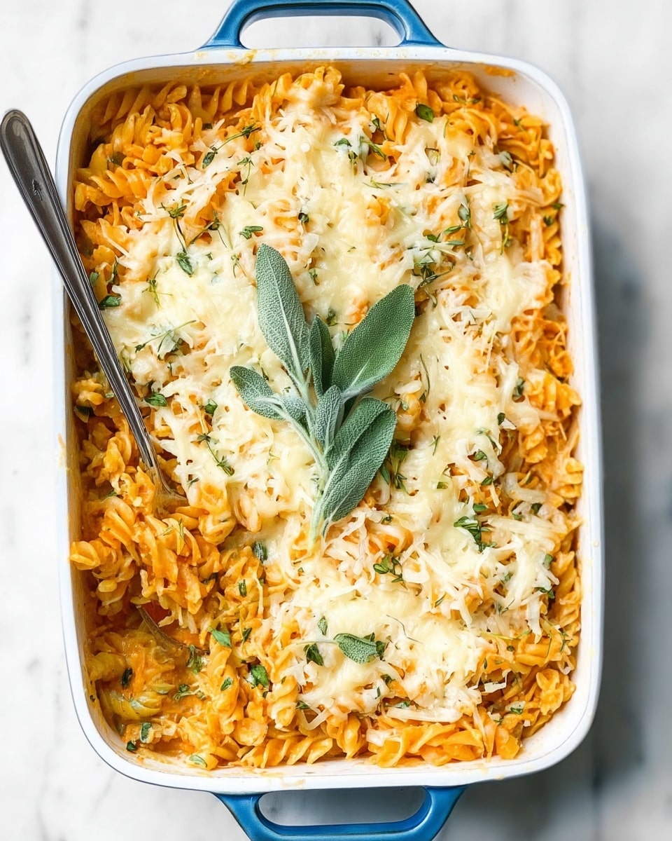 A rectangular white baking dish with blue handles holds a baked pasta casserole. The bottom layer is made of tight, spiral pasta coated with orange sauce, mixed with small bits of green herbs. On top of this is a thick layer of shredded white cheese, some melted and some still separate, giving a soft texture. A few fresh sage leaves lay in the center as a garnish, standing out with their soft green color. A silver spoon is resting inside the dish on the left side. The dish sits on a white marbled surface photo taken with an iphone --ar 4:5 --v 7