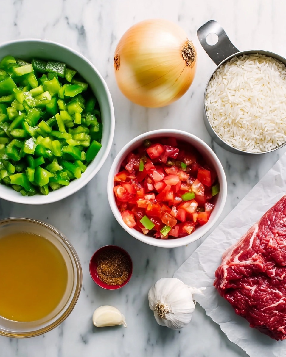 The image shows a top view of a white marbled surface with several bowls and ingredients arranged neatly. In the top left, a white bowl filled with chopped green bell peppers, showing fresh green color and chunky texture. In the center top, there is a whole yellow onion with smooth skin. To the right of the onion, a small metallic measuring cup contains white rice with a slightly glossy texture. Below the onion, a white bowl holds diced tomatoes in red with bits of green, soaked in a light juice. At the bottom right corner, a piece of raw beef with red and white marbling is placed on white parchment paper. To the bottom left, part of a clear container holds golden yellow liquid, likely broth. Near the onion, there is a peeled garlic clove and a small red bowl with brown spice. The setting is bright with soft shadows. photo taken with an iphone --ar 4:5 --v 7