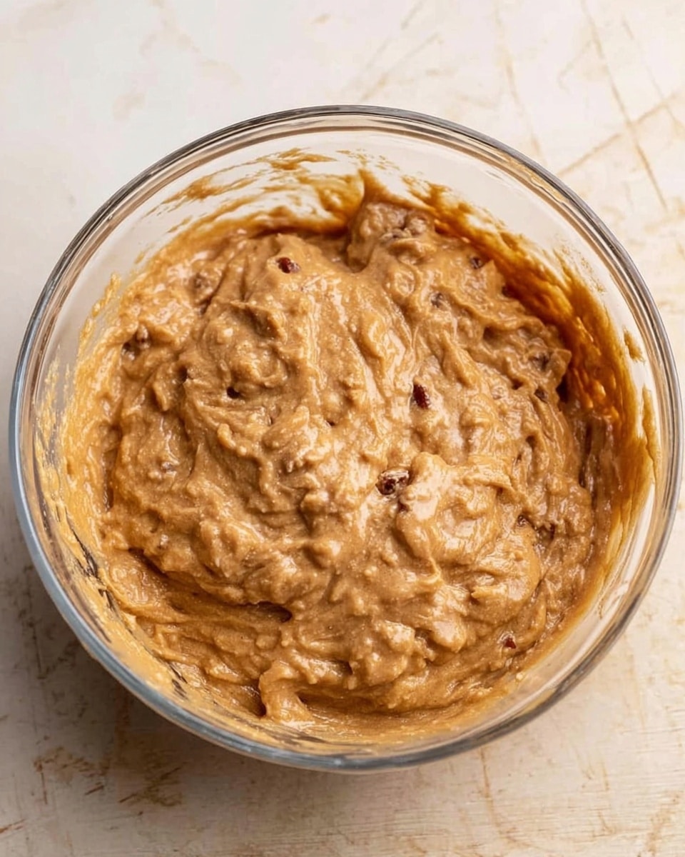 The image shows a clear glass bowl filled with a thick, light brown batter mixed with visible bits of darker brown and slightly reddish chunks, giving a textured look. The batter looks smooth but dense, with some uneven lumps and swirls around the sides of the bowl. The bowl is placed on a white marbled surface that contrasts gently with the warm color of the batter. Photo taken with an iphone --ar 4:5 --v 7