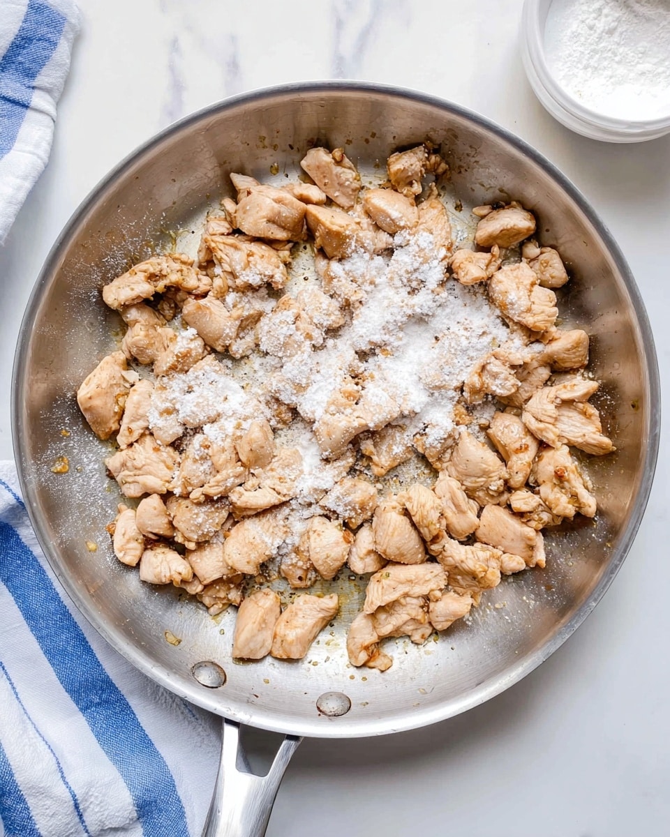 In a large silver frying pan, small pieces of light brown cooked chicken are evenly spread out in one layer with a sprinkling of white powder on top. The pan sits on a white marbled surface with a blue and white striped cloth visible to the side, and a white container of more white powder is partially shown in one corner. The chicken pieces have a slight shine from cooking oil and look tender, creating a simple, warm cooking scene photo taken with an iphone --ar 4:5 --v 7