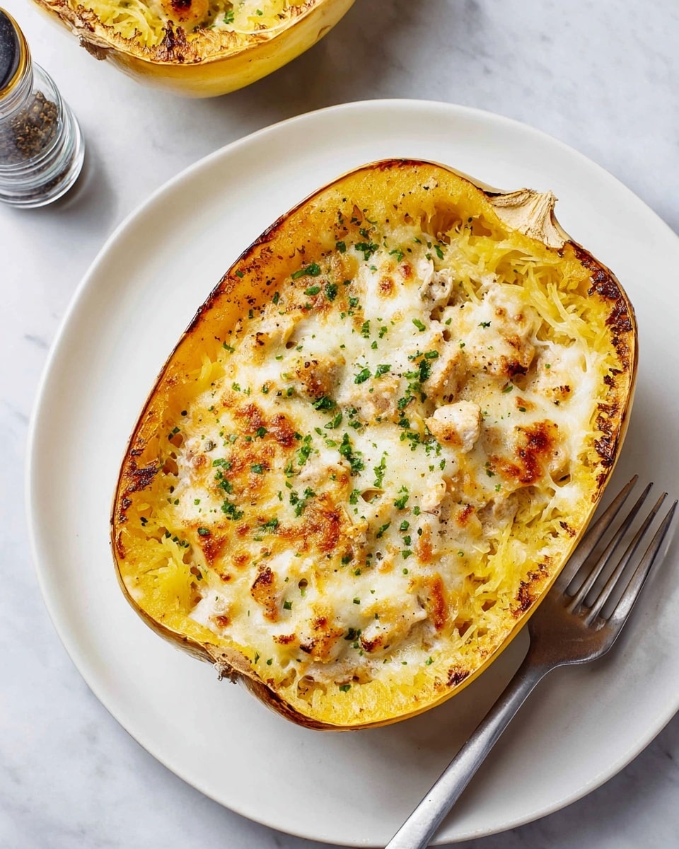 The image shows a roasted half of a spaghetti squash sitting on a white plate with a silver fork beside it. The squash has a golden-yellow outer shell that is slightly browned and crispy around the edges. Inside, there are layers of soft spaghetti squash strands mixed with melted, light golden cheese that is browned in spots, giving a bubbly, textured surface. Small pieces of creamy white sauce and bits of chicken are spread evenly throughout the squash strands, topped with finely chopped green herbs for garnish. The background is a white marbled surface with a pepper grinder nearby. Photo taken with an iphone --ar 4:5 --v 7