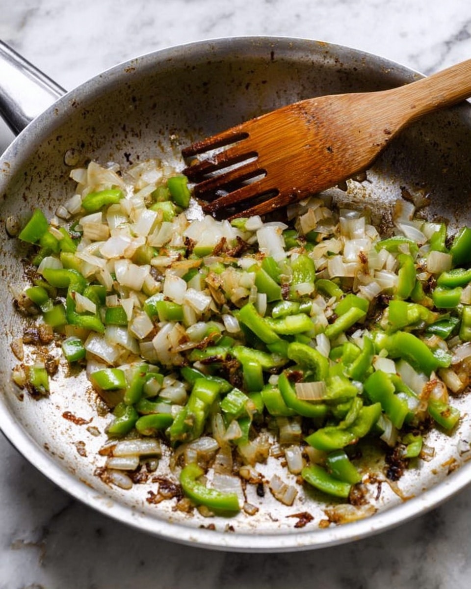 A close-up of a metal frying pan with a wooden spatula resting inside, showing two main layers of cooked vegetables: chopped white onions and bright green bell peppers. The vegetables are slightly browned and soft in texture, evenly spread but mostly stirred to one side of the pan, exposing some dark brown bits of cooked food stuck to the surface. The pan sits on a white marbled surface. Photo taken with an iphone --ar 4:5 --v 7