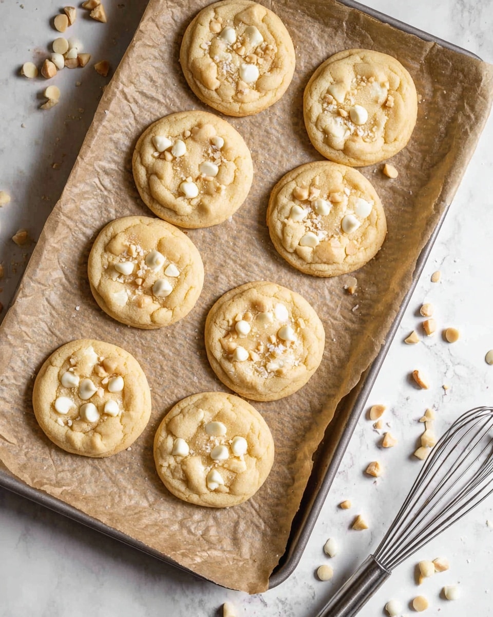 A baking tray lined with crinkled brown parchment paper holds ten light golden baked cookies arranged in two rows. Each cookie is round with a soft, slightly cracked texture on the surface and is topped with scattered white chocolate chips and a sprinkle of crushed nuts. The tray is placed on a white marbled surface, with loose white chocolate chips and nut pieces scattered around. On the right side of the image, a shiny metal whisk rests partially on the tray and the white marbled surface. photo taken with an iphone --ar 4:5 --v 7