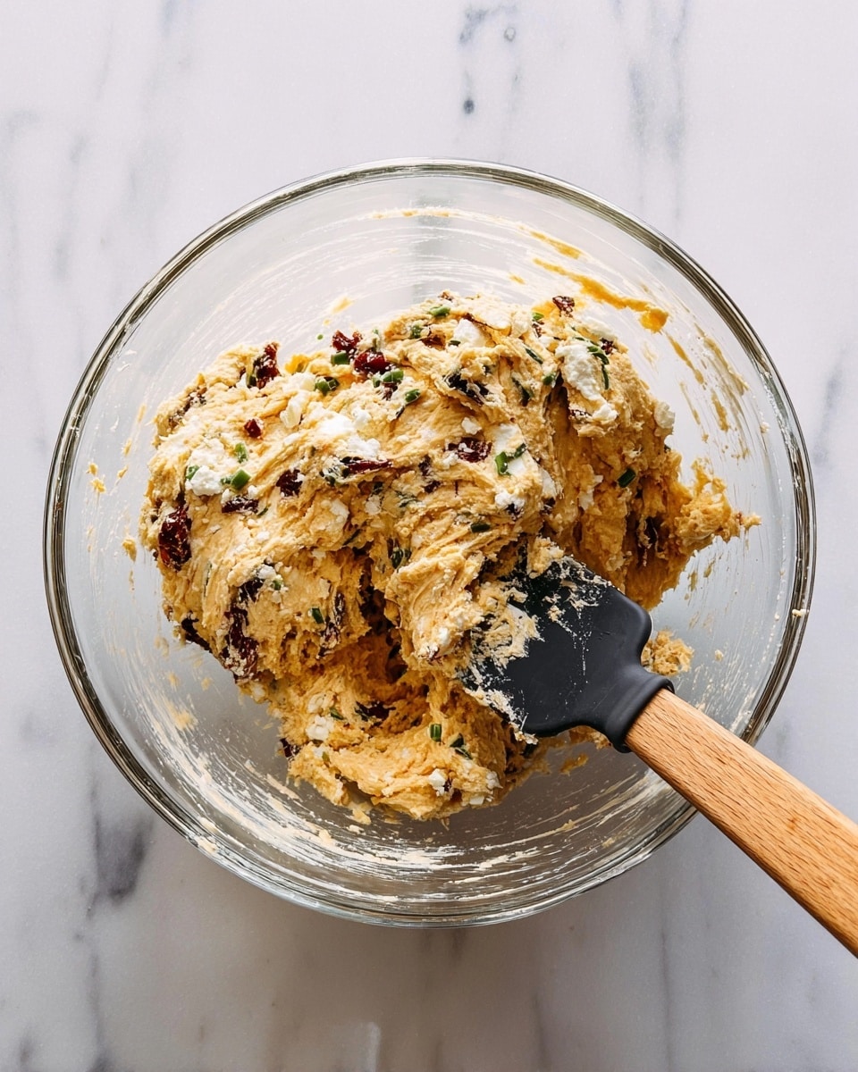 A clear glass mixing bowl sits on a white marbled surface, holding a thick, mixed dough with visible layers of white cottage cheese, dark red sun-dried tomato pieces, and small green herb bits. The dough is pale orange with a slightly rough texture and some creaminess visible from the cheese. A black and wooden spatula rests inside the bowl, partially covered with dough. The setting is bright and clean, showing the contrast of colors in the mixture clearly. photo taken with an iphone --ar 4:5 --v 7
