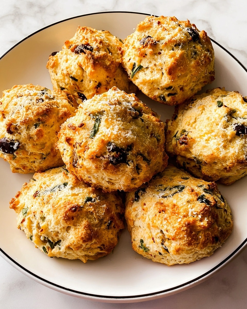 Seven round, golden-baked savory scones sit closely together on a white plate with a thin black edge. Each scone shows a textured, rough surface with light brown crusts and creamy beige dough mixed with bits of dark green herbs and black olives. The tops are sprinkled with a fine layer of white grated cheese, adding a slightly grainy look. The plate rests on a white marbled surface, enhancing the warm, baked appearance of the scones. photo taken with an iphone --ar 4:5 --v 7