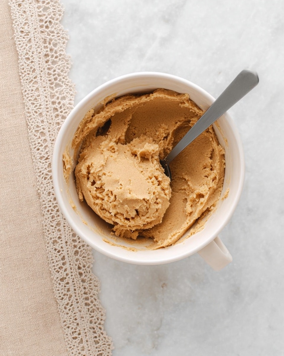 A top view of a white bowl filled with light brown, smooth cookie dough with a thick texture. A gray spoon is inside the bowl, slightly covered with dough. The bowl has a handle on the right side and sits on a white marbled surface. To the left of the bowl, there is a light beige cloth with a lace edge. photo taken with an iphone --ar 4:5 --v 7