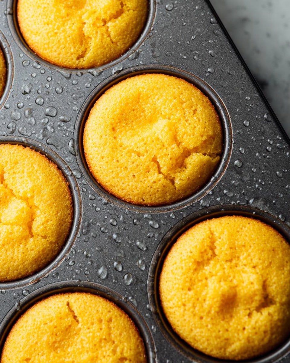 A close-up shot of six golden-yellow corn muffin cups in a dark gray muffin tray, each muffin showing a slightly rough and moist texture with some small cracks on the top layer. The tray has visible water droplets scattered evenly across the surface, highlighting freshness and moisture. The muffins fill most of the tray cups, sitting slightly raised with rounded tops, and the background is a white marbled texture. Photo taken with an iphone --ar 4:5 --v 7