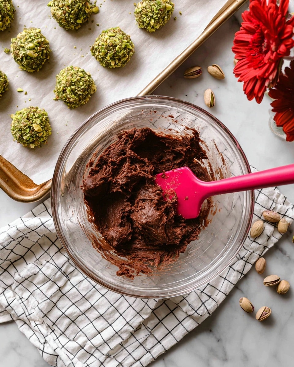 A clear glass bowl sits in the center filled with thick dark brown chocolate dough, with a bright pink spatula resting inside it. Above the bowl, on a white marbled surface, there is a baking tray lined with parchment paper holding eight small green mounds of pistachio dough, each textured with shredded bits. The bowl lies on a white cloth with a black grid pattern, and whole pistachio nuts are scattered around on the white marbled surface near the cloth. There are two red flowers placed in the top right corner on the white marbled surface. Photo taken with an iphone --ar 4:5 --v 7