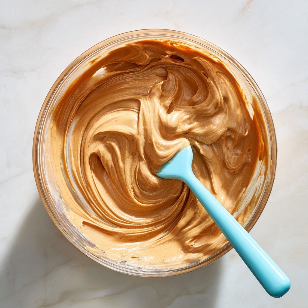 A clear glass bowl filled with smooth, creamy peanut butter-colored mixture that has swirled textures all over its surface. A light blue spatula is resting inside the bowl, partially covered with the mixture, and a woman's hand is holding the spatula handle on the right side. The bowl is placed on a white marbled surface, showing soft reflections and subtle shadows. The peanut butter mixture inside has a thick, rich look with swirls and waves visible in its light brown color photo taken with an iphone --ar 4:5 --v 7