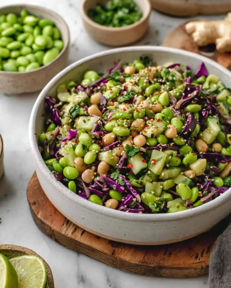 Crisp Edamame Salad with Ginger Garlic Dressing and Avocado Recipe