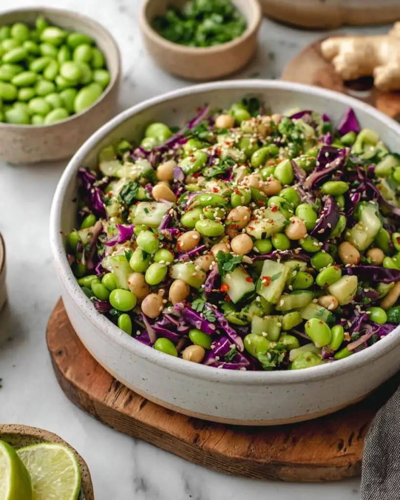 Crisp Edamame Salad with Ginger Garlic Dressing and Avocado Recipe
