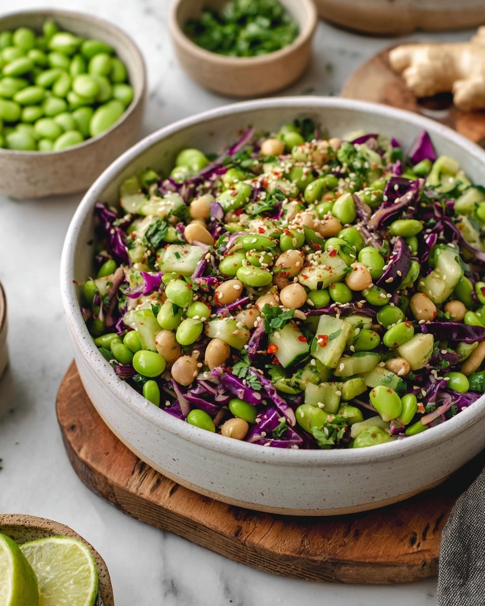Crisp Edamame Salad with Ginger Garlic Dressing and Avocado Recipe