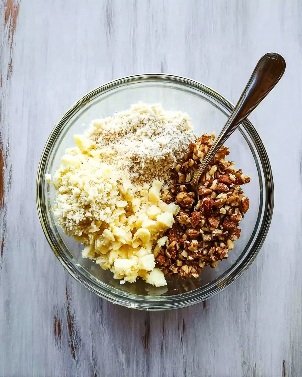 A clear glass bowl sits on a white marbled surface, filled with three main layers in separate sections. One section has a crumbly white layer with a soft texture, another has a chunky pale yellow layer made of small pieces, and the third section holds a pile of chopped brown nuts, which look rough and crunchy. A spoon with a silver handle is placed inside the bowl, touching the layers. photo taken with an iphone --ar 4:5 --v 7