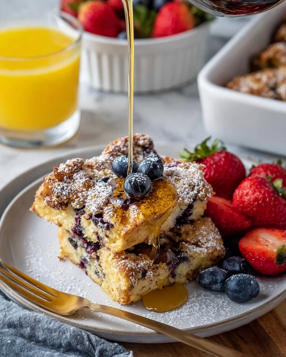 Two thick, crumbly, golden-brown pieces of baked blueberry scones are placed side by side on a white plate, dusted lightly with powdered sugar and topped with a few fresh blueberries. A thick stream of golden syrup is being poured over one scone, adding a shiny texture. To the right of the scones, a small pile of bright red strawberries and deep blue blueberries adds vibrant color. A gold fork lies at the front edge of the plate, partially under the scones. The background shows a glass of light yellow orange juice, a bowl filled with more strawberries and blueberries, and part of a white baking dish, all set on a white marbled texture. photo taken with an iphone --ar 4:5 --v 7