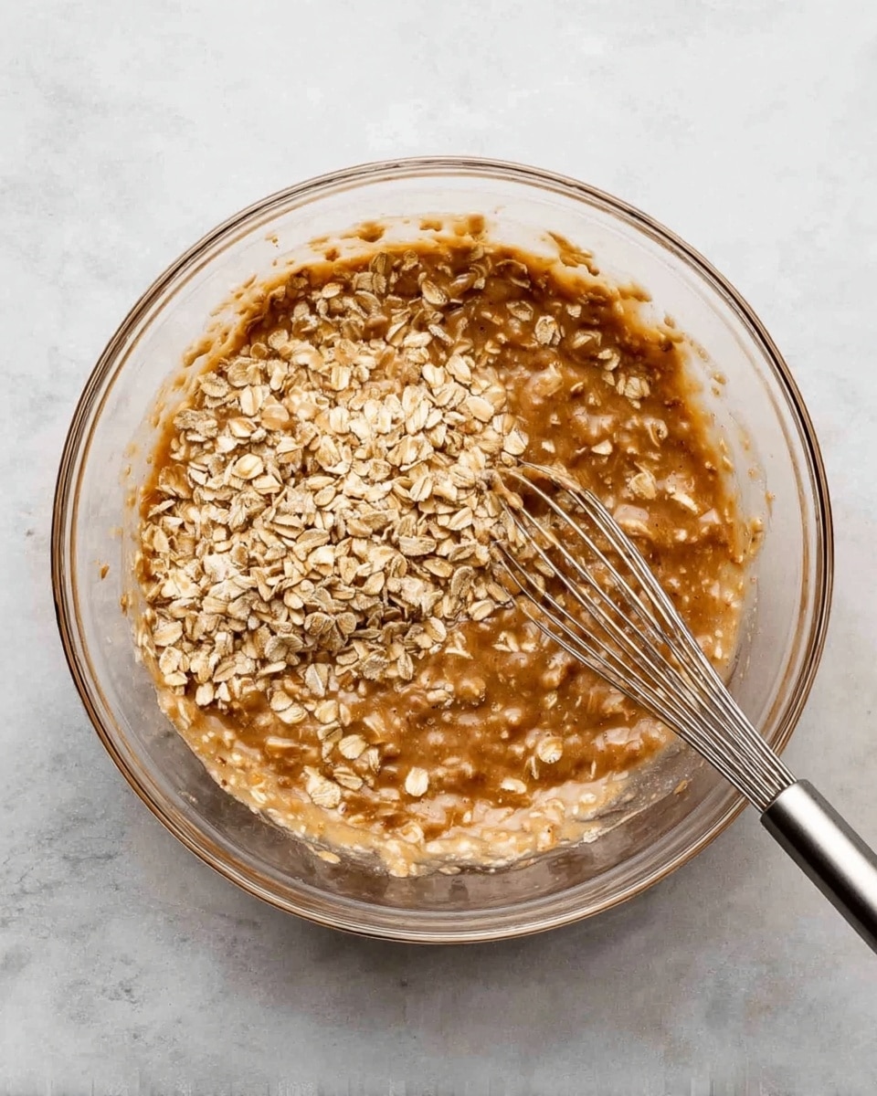 A clear glass bowl sitting on a white marbled surface holds a mixture of light brown wet batter combined with visible dry oats that are scattered throughout the mix. A silver metal whisk is partially submerged in the mixture, with oats sticking to its wires. The batter looks thick with a shiny texture, and the oats are slightly uneven in shape and size, floating on top and throughout the mixture as it swirls gently inside the bowl. Photo taken with an iphone --ar 4:5 --v 7