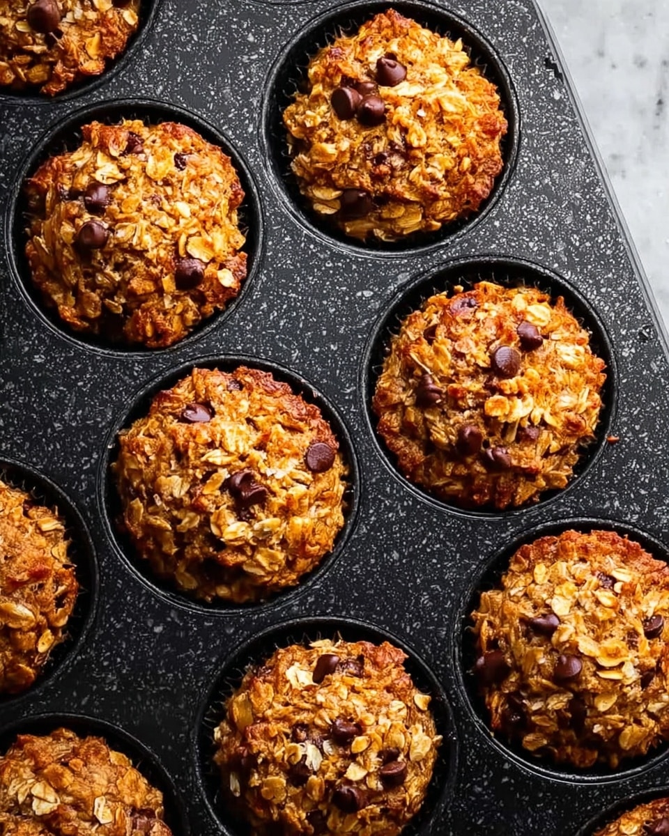 A close-up view of a black muffin tray filled with oat and chocolate chip muffins. Each muffin has a crunchy, golden-brown oat layer mixed with small dark chocolate chips on top. The texture is rough and crumbly with some small nut pieces visible. The muffins fill each round space of the tray, sitting neatly inside. The tray rests on a white marbled texture. photo taken with an iphone --ar 4:5 --v 7