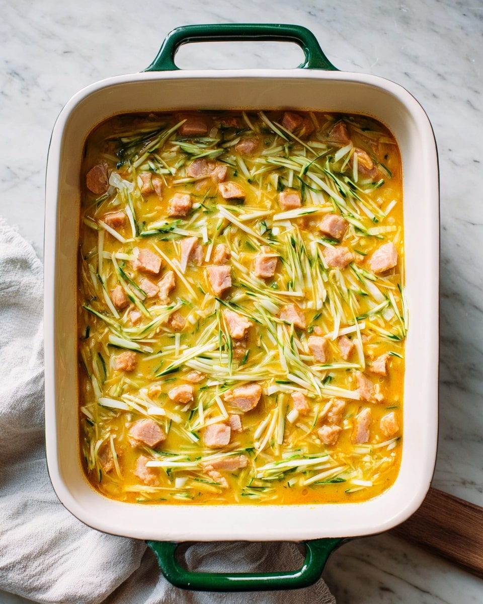 A white rectangular baking dish with green handles is filled with a thick orange-yellow sauce layer mixed with small pieces of light pink cooked meat scattered throughout. On top, there is a layer of thin, long strips of green and white shredded vegetables, evenly spread across the dish. The dish sits on a surface with a white marbled texture, and a light-colored cloth is partially visible to the side. The image is bright and clear with natural lighting, showing all details of the layered ingredients. photo taken with an iphone --ar 4:5 --v 7