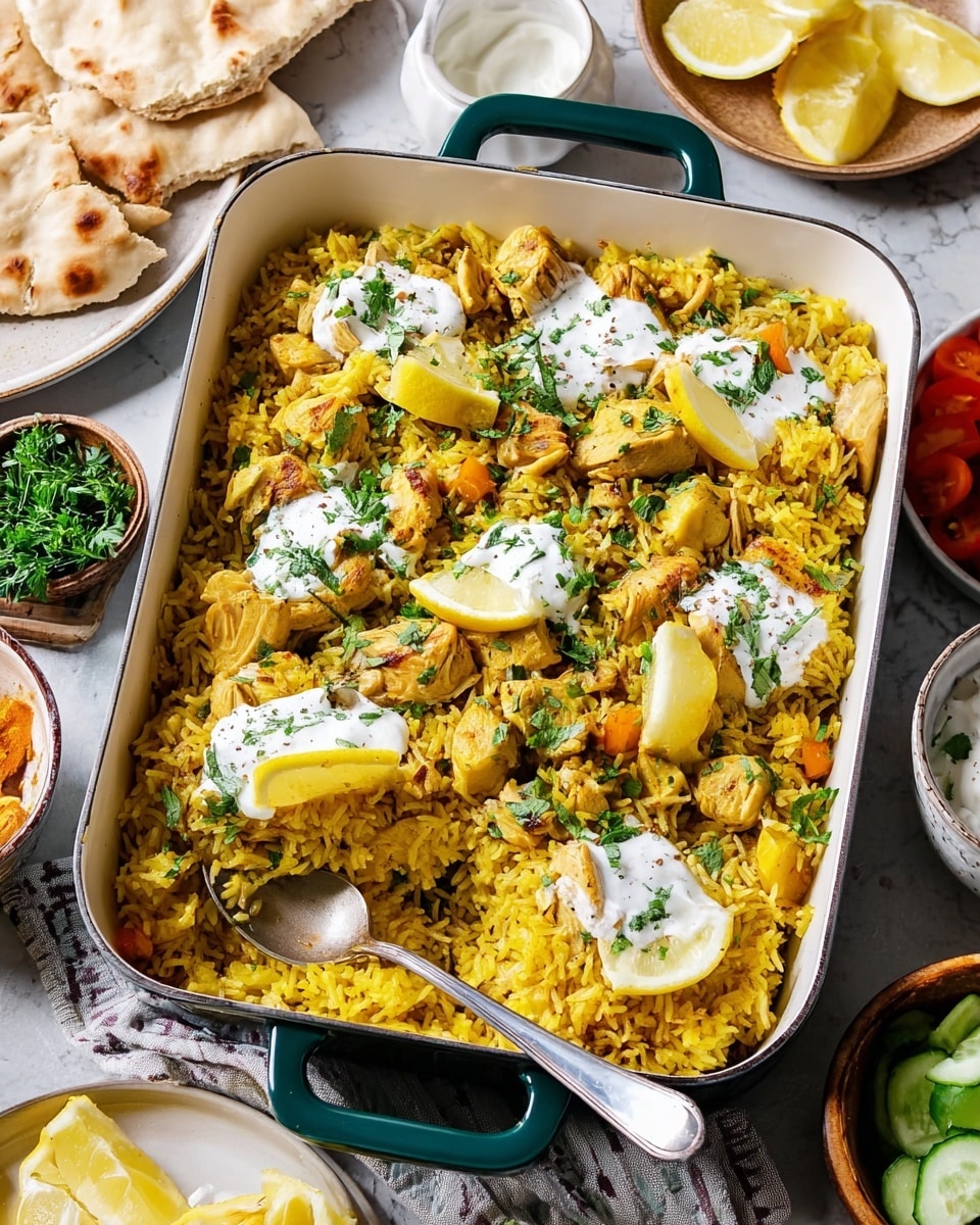 A white rectangular baking dish filled with a yellow rice dish with chunks of cooked chicken mixed throughout, garnished with fresh green herbs and several lemon wedges placed on top. Dollops of white sauce with herb flecks are spread evenly over the surface. The dish is set on a white marbled textured table, surrounded by a plate of pita bread, a small bowl of chopped green herbs, a small bowl of vegetables including tomatoes and cucumbers, and a white plate with lemon slices. A spoon is scooping some rice from the dish with a woman's hand holding it. Photo taken with an iphone --ar 4:5 --v 7
