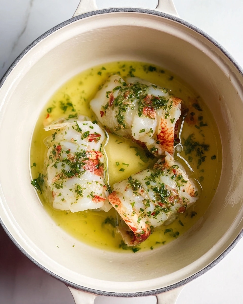 The dish shows three pieces of white seafood rolled and stuffed with green herbs and small bits of red, all sitting in a shallow pool of light yellow melted butter inside a white cooking pot with a grey rim. The rolled seafood pieces have a smooth, slightly shiny texture with visible layers of white flesh and bright red spots from the stuffing. The herbs are finely chopped and spread evenly on the surface, giving a fresh contrast to the yellow butter. The inside of the pot is clean and light-colored, showing the liquid well. The background is a white marbled surface. photo taken with an iphone --ar 4:5 --v 7