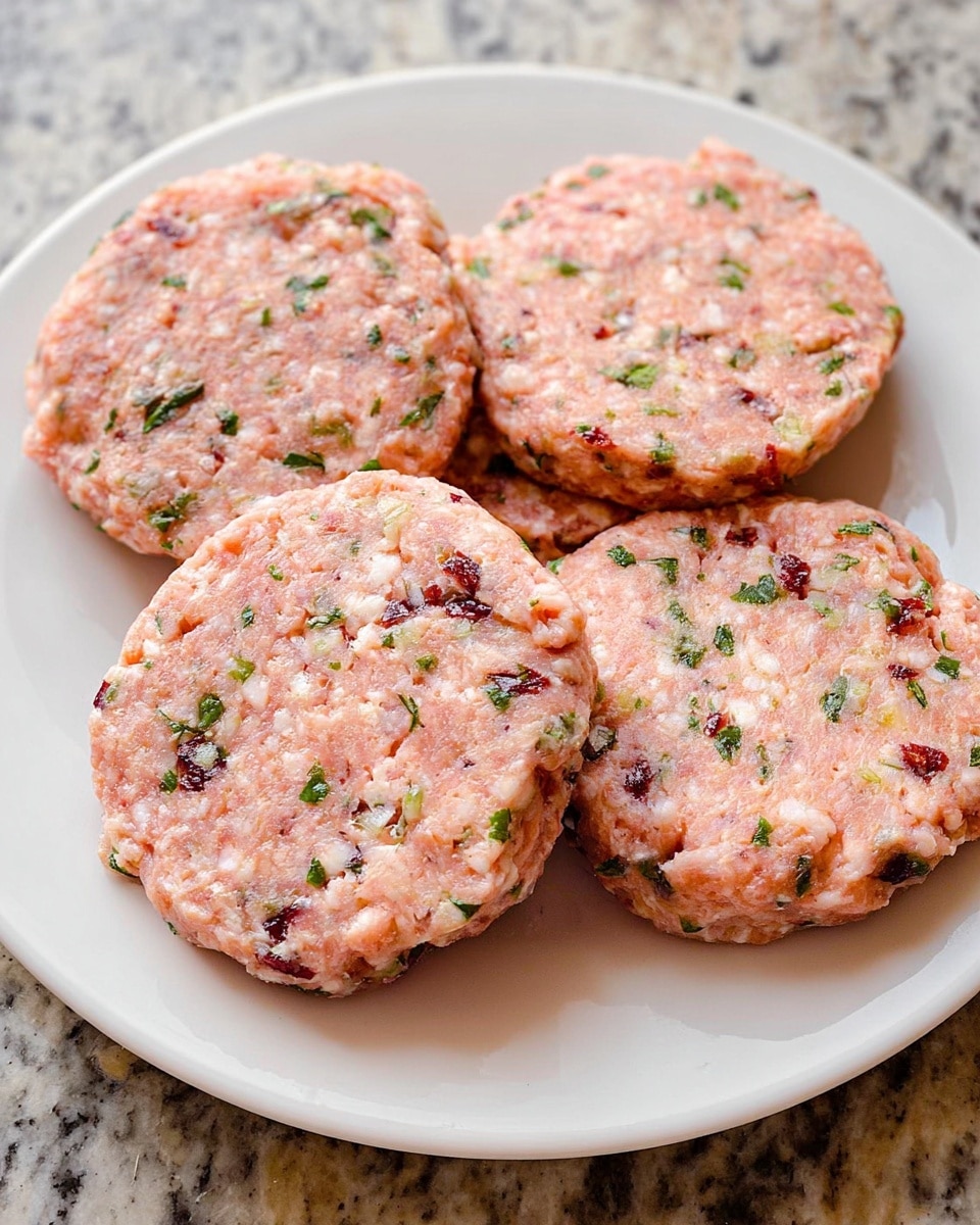 The image shows a white plate with five raw patties made from minced meat mixed with small pieces of herbs and spices. The patties have a light pink color with green and dark red spots scattered evenly throughout. The patties are arranged close to each other on the plate, which is placed on a white marbled surface. The texture of the patties looks soft and slightly uneven, showing small bumps and bits of ingredients within the mixture. Photo taken with an iphone --ar 4:5 --v 7