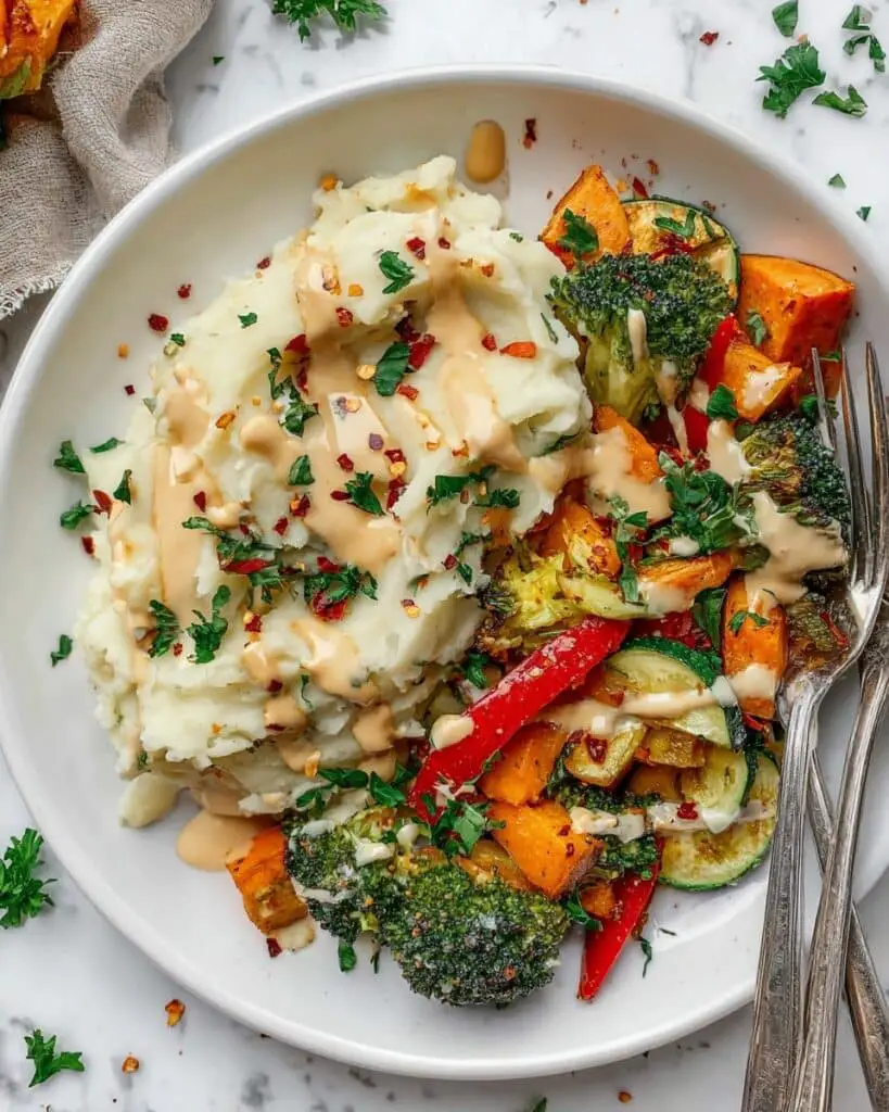 Loaded Vegan Mashed Potato Bowl with Roasted Vegetables and Cashew Cream Recipe