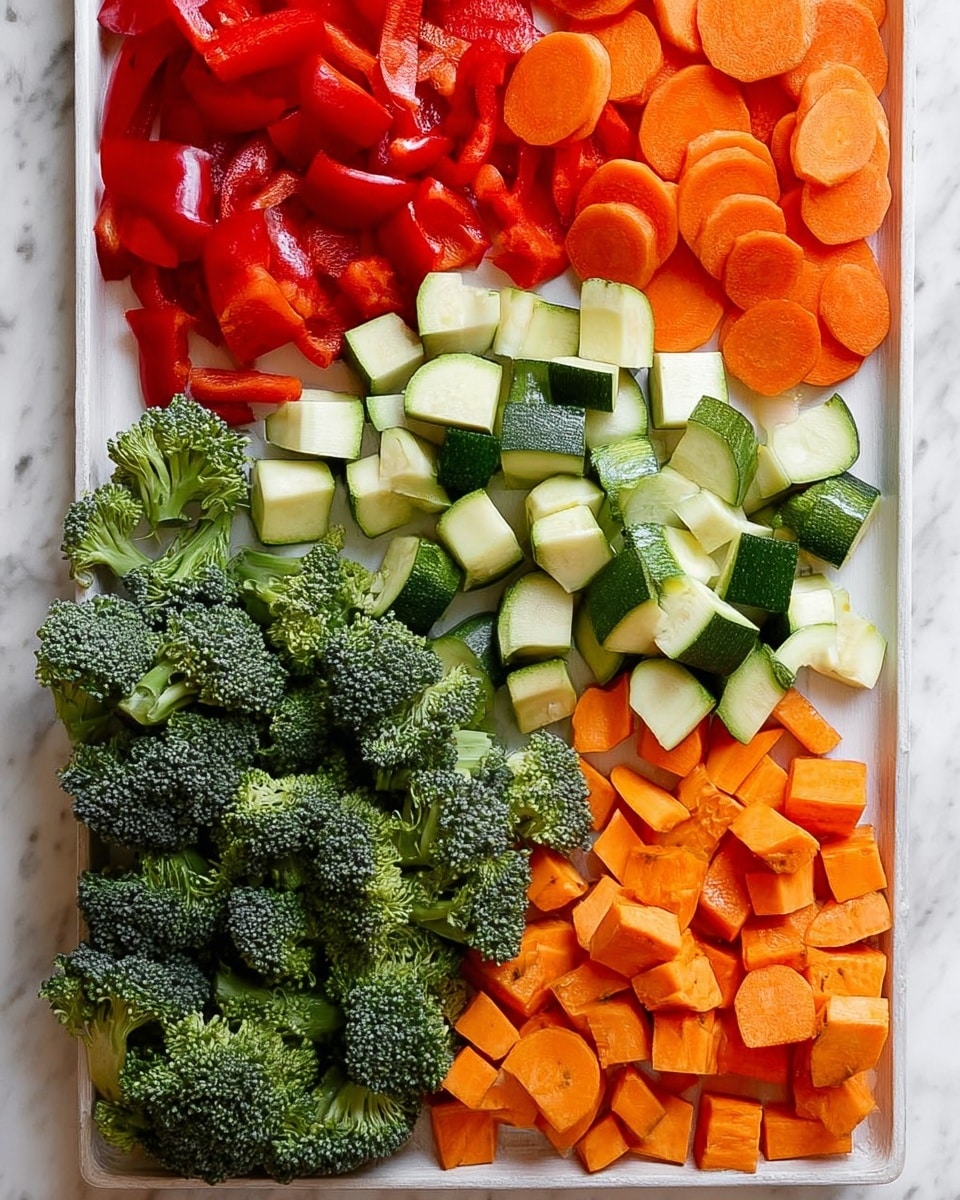 A white baking tray with five groups of chopped vegetables placed neatly on top, arranged in rows. At the top-left, bright red pieces of bell pepper, next to them on the right, round slices of orange carrot. Below the peppers, sliced green zucchini pieces with light green flesh and dark green skin. Next to the zucchini on the bottom-right, orange cubes of sweet potato. At the bottom-left, a bunch of dark green broccoli florets with a rough texture. The tray is placed on a white marbled surface. Photo taken with an iphone --ar 4:5 --v 7