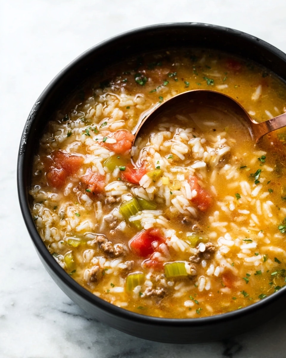 A close-up of a black bowl filled with thick soup showing layers of cooked white rice mixed with small chunks of brown meat, diced bright red tomatoes, green pieces of herbs and vegetables like celery and peppers. The soup broth is golden and slightly thick, covering the ingredients but still allowing them to be seen clearly. A copper ladle rests inside the bowl on the right side, partly submerged in the soup. The bowl sits on a white marbled surface. photo taken with an iphone --ar 4:5 --v 7