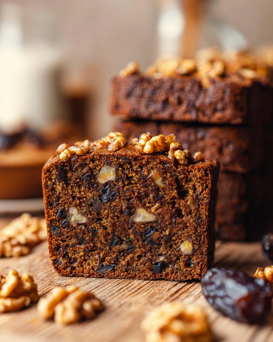 The image shows a close-up of a thick slice of dark brown nut bread with visible pieces of walnuts and dates inside, giving it a textured and moist look. The slice is placed on a wooden surface with a blurred stack of similar nut breads in the background, each topped with walnut pieces. There are some walnuts and dates out of focus in the foreground and background, adding to the rustic feel. The lighting is warm and natural, highlighting the bread’s crumb and nut details. photo taken with an iphone --ar 4:5 --v 7