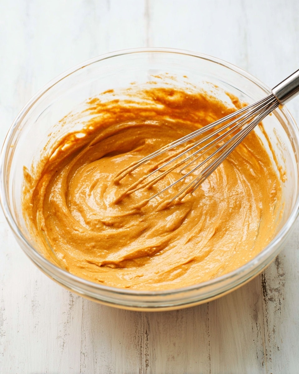 A clear glass bowl filled with a thick, smooth orange batter that looks creamy and well mixed. A metal whisk rests diagonally inside the bowl, partially submerged in the batter, with traces of the mixture clinging to it. The bowl sits on a white marbled surface, and the background is softly lit, showing a bright, clean kitchen setting. The batter fills most of the bowl, with slight swirls and peaks from stirring, giving a rich texture to the image. photo taken with an iphone --ar 4:5 --v 7
