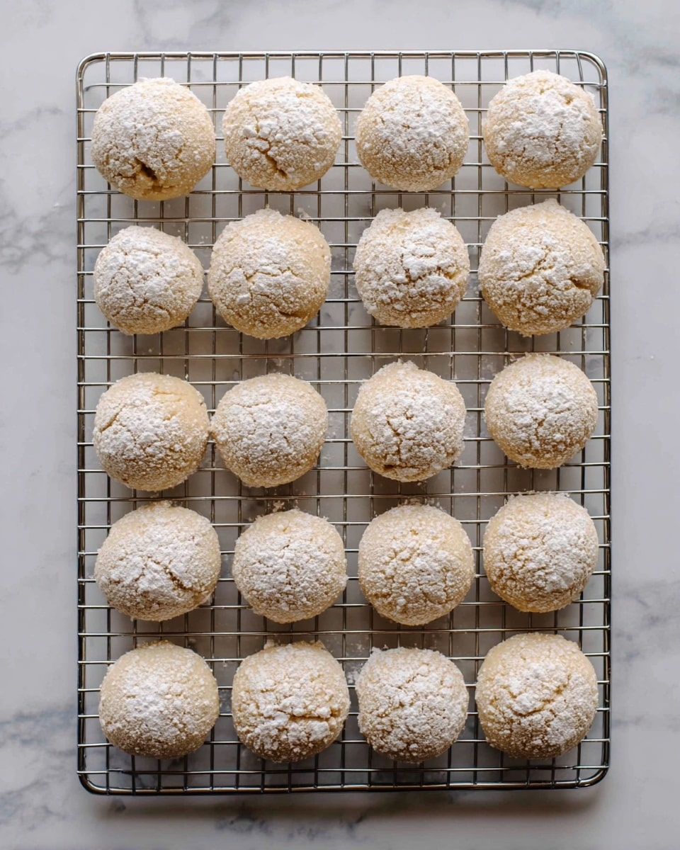 There are fifteen round cookies arranged in a neat 5 by 3 grid on a silver cooling rack. Each cookie is light beige in color, covered with a dusting of white powder on top, creating a slightly rough texture. The cooling rack sits on a white marbled surface that adds a subtle pattern behind the cookies. The cookies look soft and a bit crumbly, with some small darker spots visible inside the dough. The photo is taken with an iphone --ar 4:5 --v 7