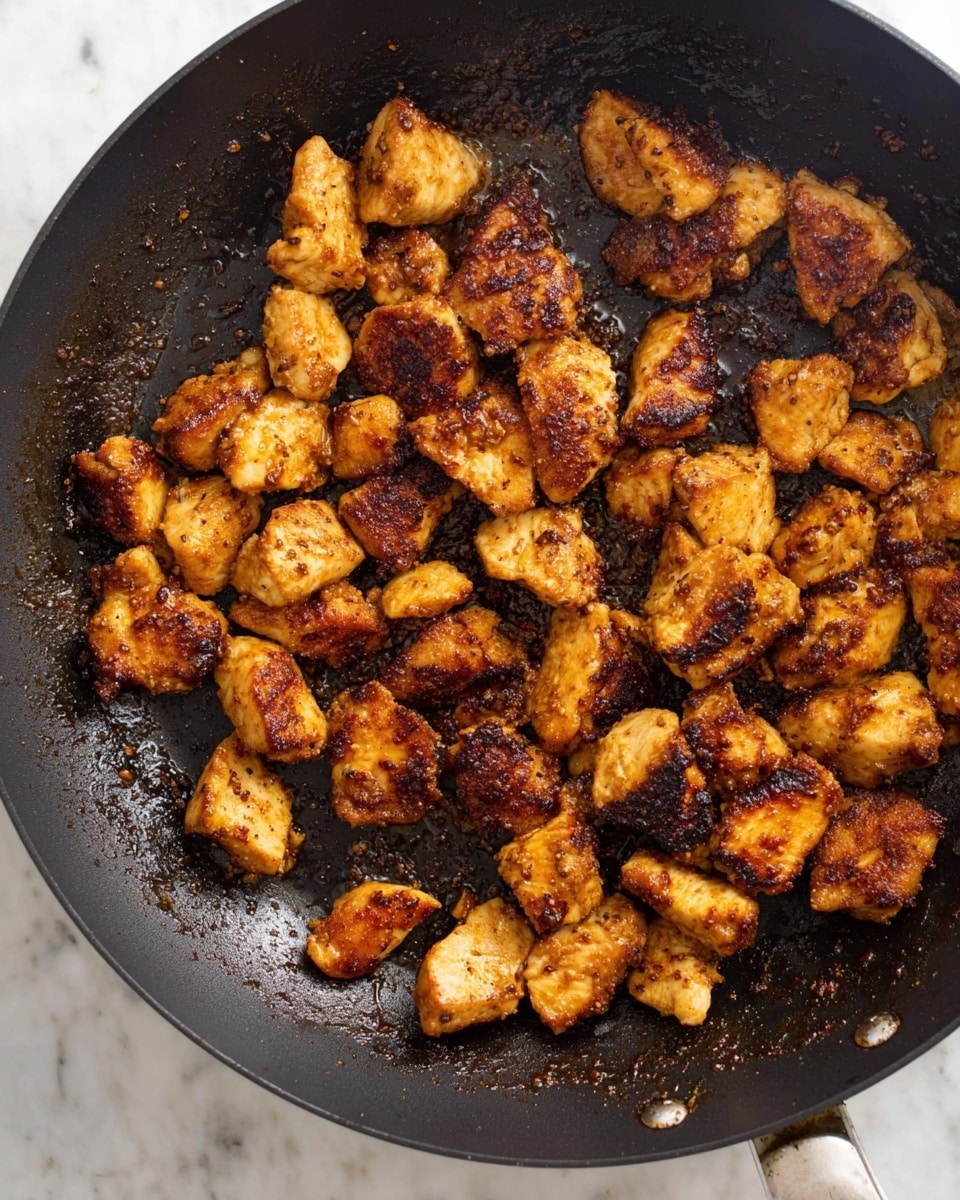 The image shows a black frying pan filled with small pieces of cooked chicken that have a browned and slightly crispy texture. The chicken pieces vary in shape and size, with a mix of golden yellow and dark brown colors from searing. The pan surface has bits of browned residue and oil, giving a shiny, caramelized look. The pan is sitting on a white marbled surface. photo taken with an iphone --ar 4:5 --v 7