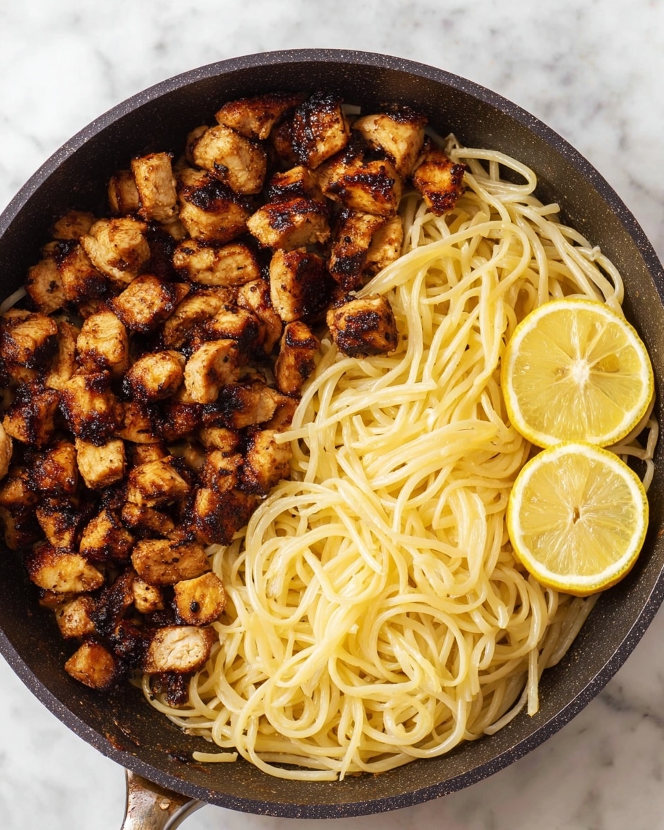 The image shows a black pan filled with two main layers: the bottom layer is light yellow spaghetti with a smooth texture, taking up the left and center parts of the pan, while the top layer consists of many small, dark brown grilled chicken pieces with a slightly crispy texture piled on the bottom left side. On the right side of the pan, three bright yellow lemon slices with a juicy, fresh texture sit next to the chicken and pasta. The pan is sitting on a white marbled surface. photo taken with an iphone --ar 4:5 --v 7
