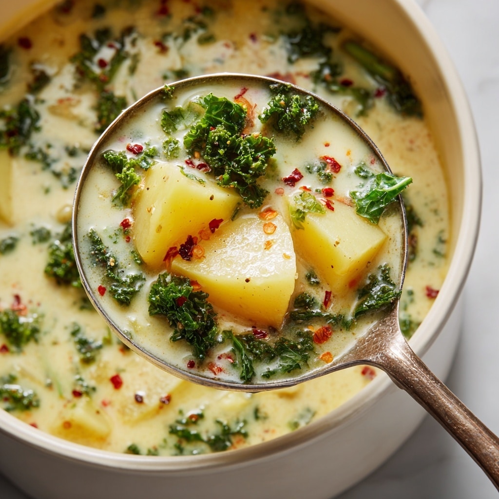 A close-up shot of a silver ladle filled with creamy soup showing three main layers: light yellow potato chunks with a soft texture in the middle, bright green kale leaves curling around the potatoes, and small pieces of brown bacon scattered throughout. The soup base is thick and pale cream colored, gently holding all ingredients together. The ladle is held over a white marbled textured surface with a large white pot blurred in the background, filled with the same soup. Photo taken with an iphone --ar 4:5 --v 7