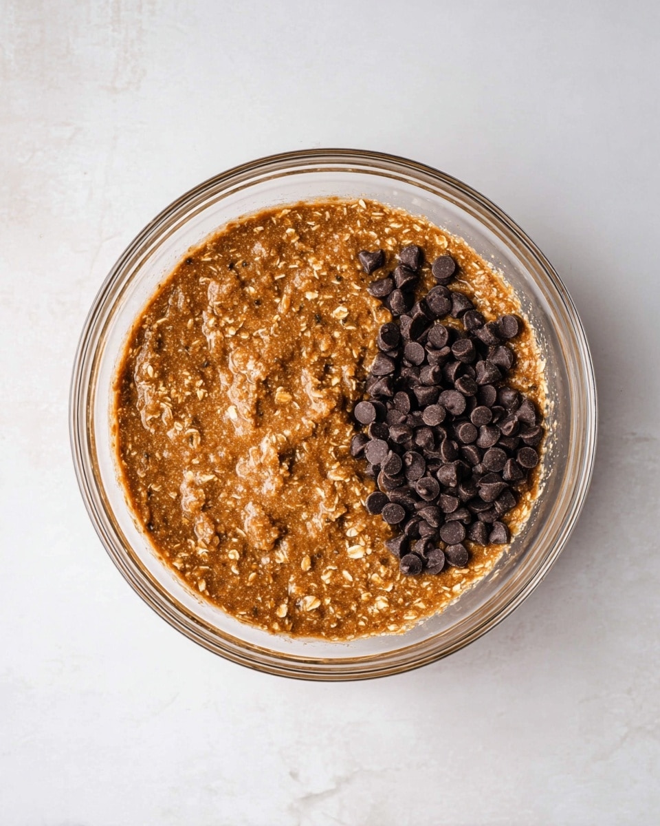 A clear round glass bowl sits on a white marbled surface, filled mostly with a thick, textured brown mixture that shows bits of oats throughout. In the right part of the bowl, there is a small pile of dark brown chocolate chips resting on top of the mixture, creating a contrast between the smooth, glossy chips and the coarse, grainy batter. The bowl is viewed from above in good light, making the colors and textures clear and distinct. photo taken with an iphone --ar 4:5 --v 7