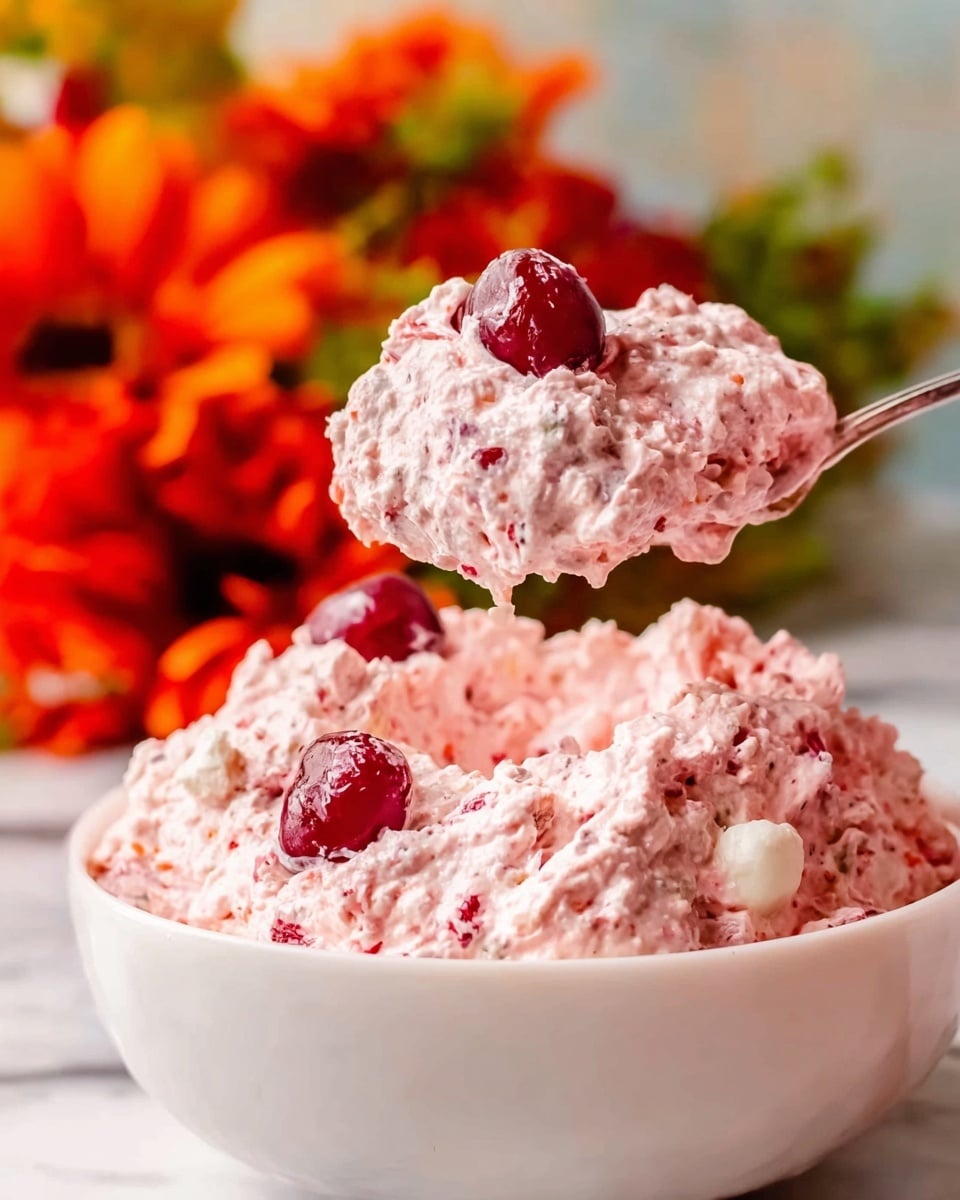 The image shows a close-up of a white bowl filled with a pink, creamy salad that has a textured mix with visible small chunks inside. There are bright red cherries and small white pieces on top, mixed in with the creamy pink base. A spoon is lifting a big scoop of the salad above the bowl, showcasing its thick and fluffy texture. The background has soft orange, red, and green flowers that are out of focus. The setting is on a white marbled surface. photo taken with an iphone --ar 4:5 --v 7